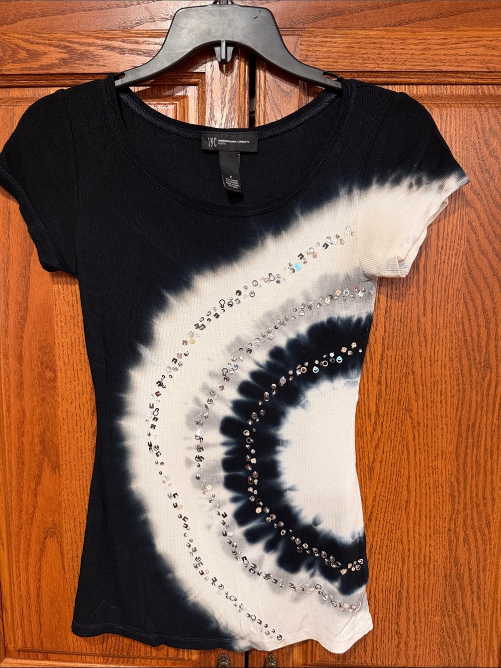 INC International Concepts Black & White Tie-Dye Tee with Rhinestones